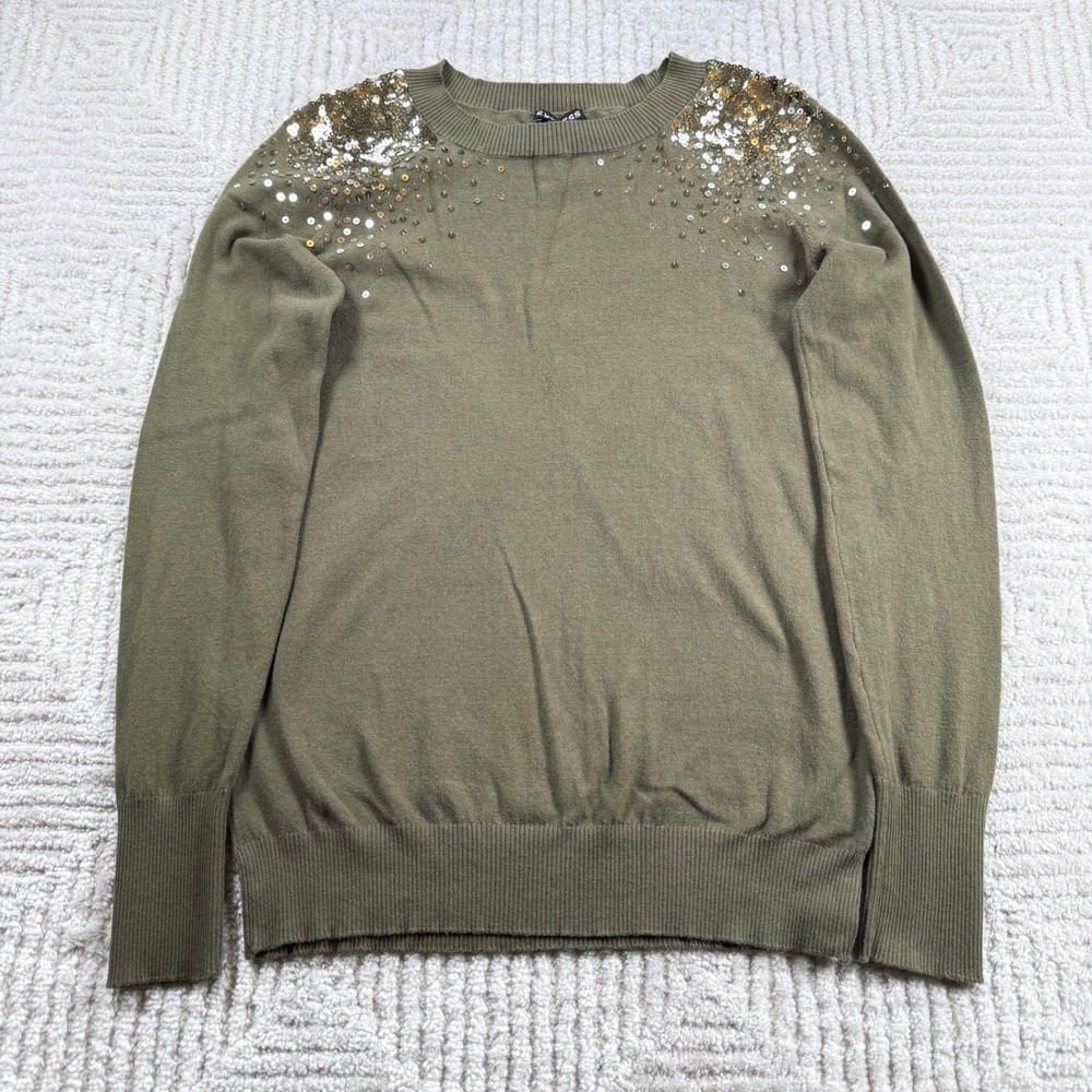 Express Sequin Shoulder Sweater Women's Small Olive Green Sparkle Glam Festive
